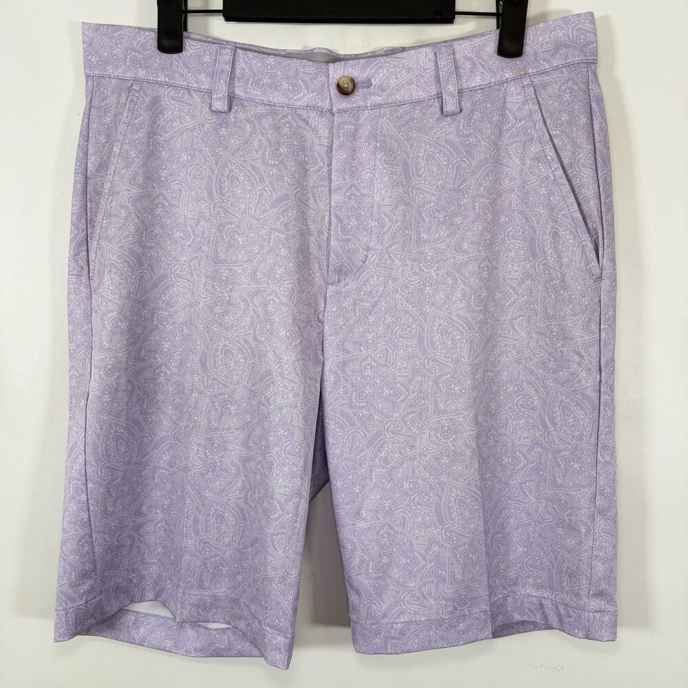 Greg Norman ML75 Microlux PlayDry Golf Shorts Mens 32 Purple Geometric 9” Inseam